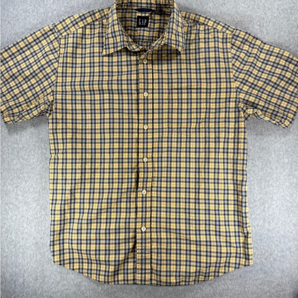 Vintage GAP Plaid Short Sleeve Shirt‎ Men's L Yellow Blue 100% Cotton USA Era